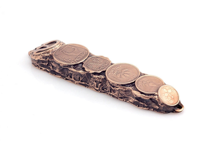 Mezuzah with Israeli Collector's Coins & Blessings in Copper - Small (13cm) MEZUZAH 