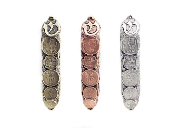 Mezuzah with Israeli Collector's Coins & Blessings in Silver - Small (13 cm) 