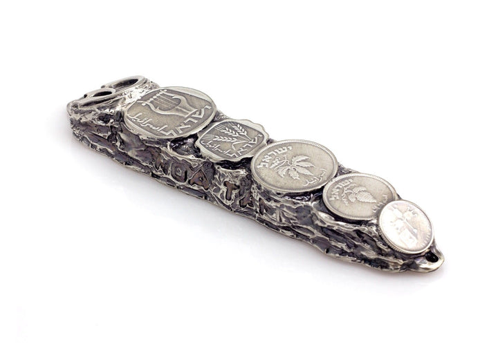Mezuzah with Israeli Collector's Coins & Blessings in Silver - Small (13 cm) 