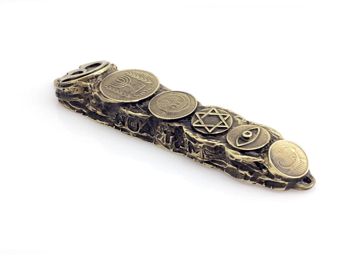 Mezuzah with Judaica Symbols & Blessings in Bronze - Small (13cm) 