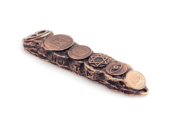 Mezuzah with Judaica Symbols & Blessings in Copper - Small (13cm) 