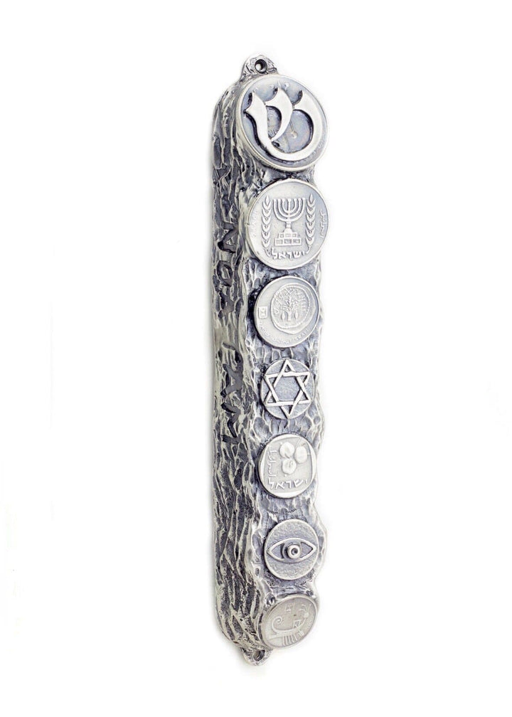 Mezuzah with Judaica Symbols & Blessings in Silver - Big (16cm) 