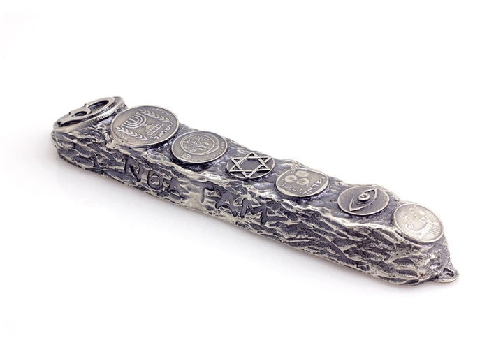 Mezuzah with Judaica Symbols & Blessings in Silver - Big (16cm) 