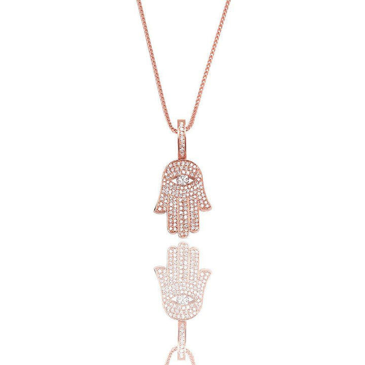 Micro Diamond Hamsa Necklace Pendant 14 Karat Rose Gold 