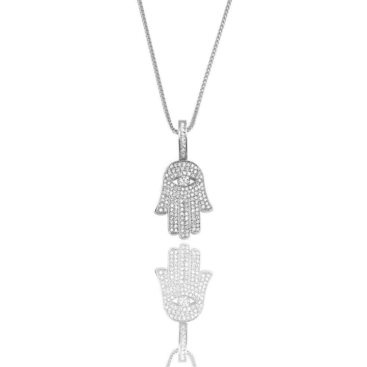 Micro Diamond Hamsa Necklace Pendant 14 Karat White Gold 