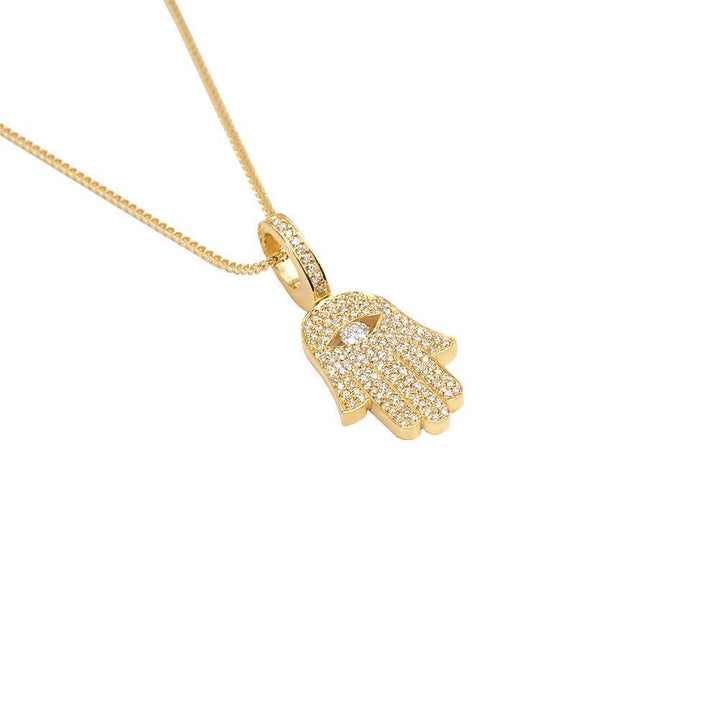 Micro Diamond Hamsa Necklace Pendant 14 Karat Yellow Gold 