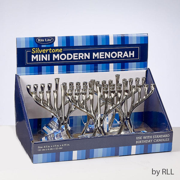 Mini Modern Menorah, Silvertone, 4"x5", 6/display Chanukah 