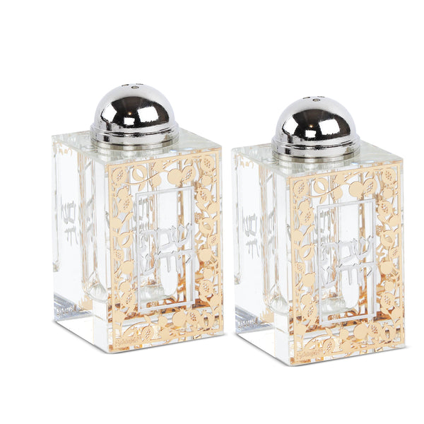 Set of Crystal Salt and Pepper Holders with Gold and Silver Plates-0