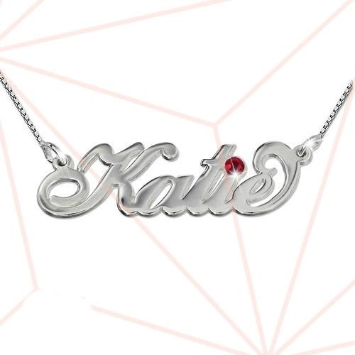 Name Necklace - Carrie Style In Silver & Gem Stone 14 inch Chain (35 cm) Zirconia Clear 