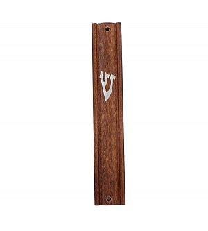 Natural Wood Mezuzah Cover with Printed Silver Shin 