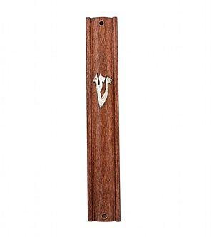 Natural Wood Mezuzah Cover with Sterling Silver Appliqued Shin 