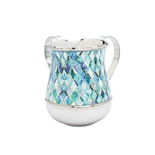 Netilat Yedayim Cup - Metal + Multicolor Design - Abstract Blue 
