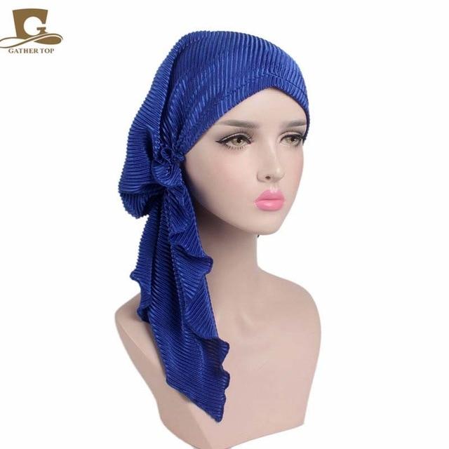 New fashion women ruffle headscarf Pre-Tied Bandana Tichel woman wear Blue Size fits all 