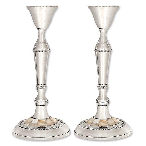 Nickel Plated Candlesticks with Mother of Pearl Candlesticks 