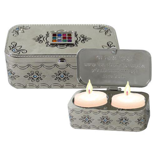 Nickel Travel Size Candlesticks In A Box With Cover 3x9 Cm Inlaid With Choshen Stones 5454 
