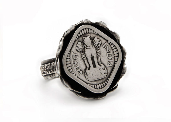Old Indian 5 Paise Coin Ring - Lion Power Ring 