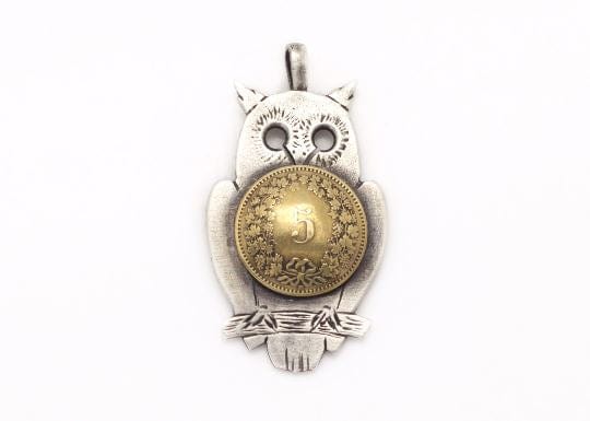 Ook old 925 sterling silver coin necklace with owl and the 5 Rappen coin of Swiss, handmade and one if a kind Pendant 