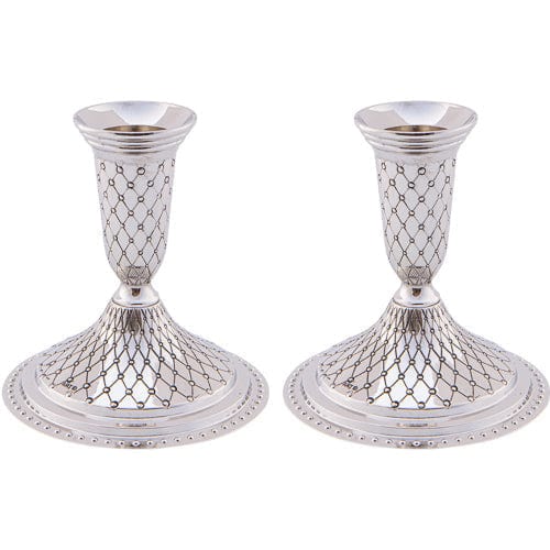 Pair Nickel Silver Candlesticks 13cm- Diamond Design Candle Holders 