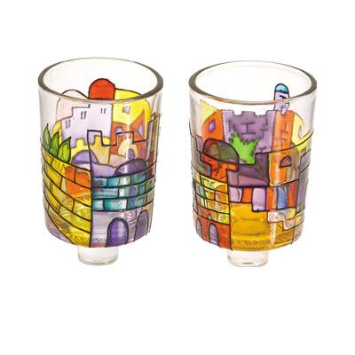 Pair of Glass Candle Holders Jerusalem 