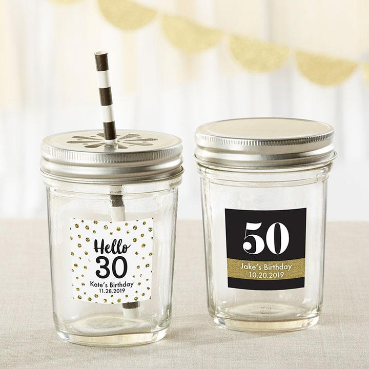 Personalized 8 oz. Glass Mason Jar - Wedding (Set of 12) Personalized 8 oz. Glass Mason Jar - Milestone Birthday (Set of 12) 