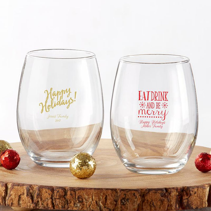 Personalized 9 oz. Stemless Wine Glass - Wedding Personalized 9 oz. Stemless Wine Glass - Holiday 