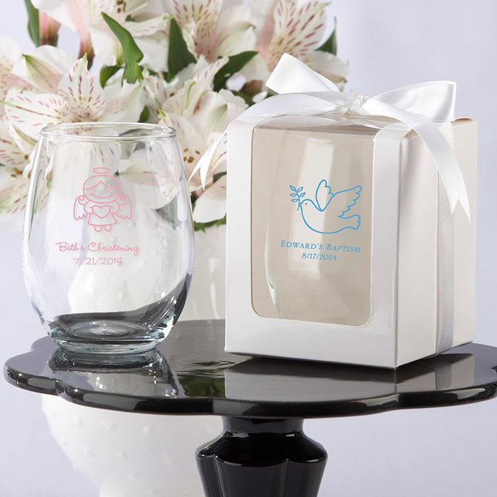 Personalized 9 oz. Stemless Wine Glass - Wedding Personalized 9 oz. Stemless Wine Glass (Religious Designs) (White or Kraft Gift Box Available) 