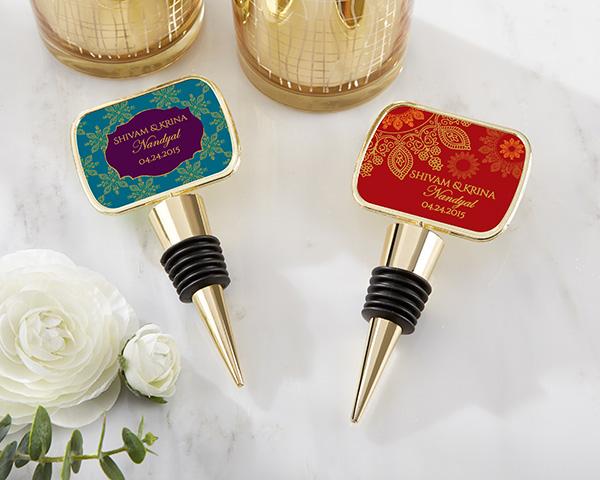 Personalized Gold Bottle Stopper with Epoxy Dome - Baby Shower Personalized Gold Bottle Stopper - Indian Jewel 