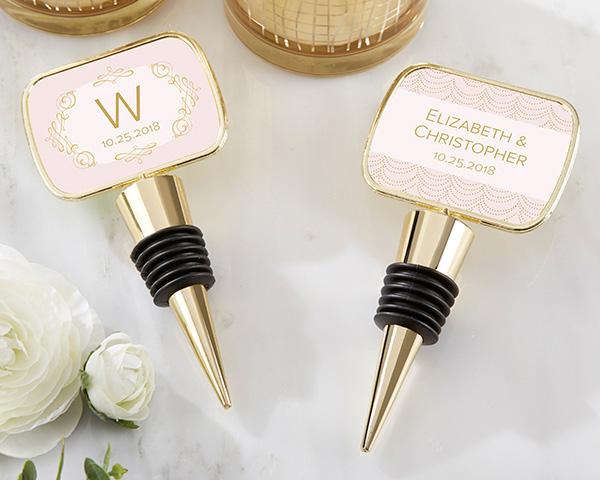 Personalized Gold Bottle Stopper with Epoxy Dome - Baby Shower Personalized Gold Bottle Stopper - Modern Romance 