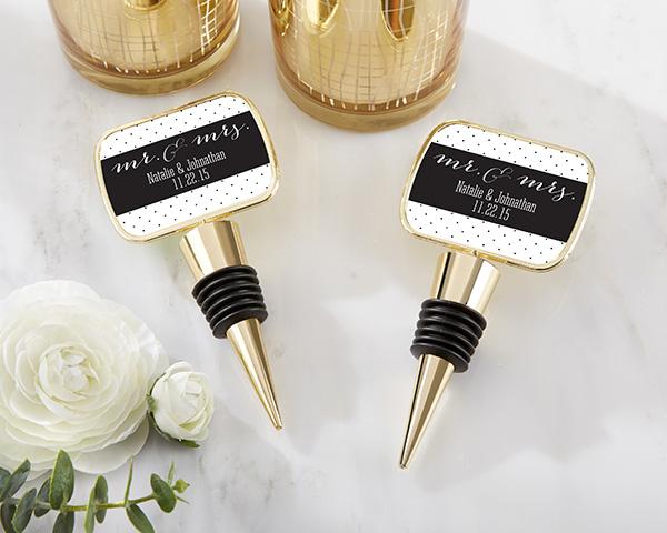 Personalized Gold Bottle Stopper with Epoxy Dome - Baby Shower Personalized Gold Bottle Stopper - Mr. & Mrs. 