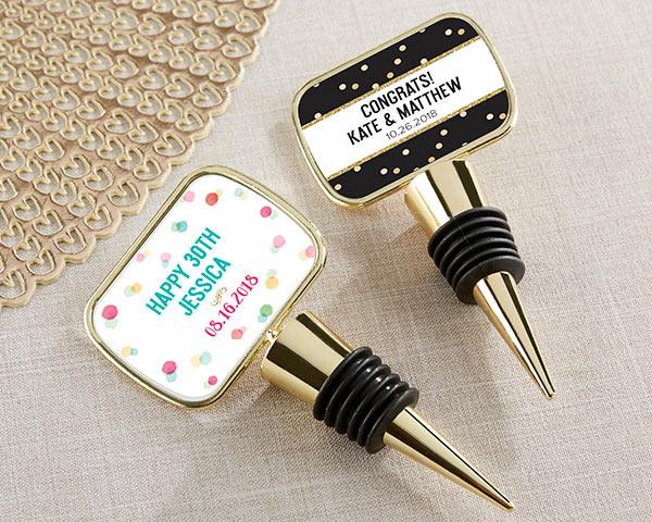 Personalized Gold Bottle Stopper with Epoxy Dome - Baby Shower Personalized Gold Bottle Stopper - Party Time 