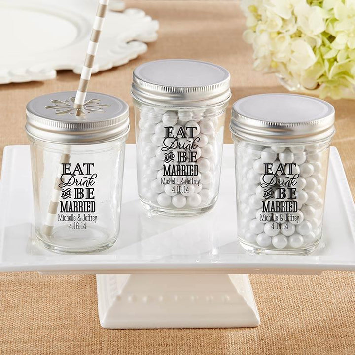 Personalized Printed 8 oz. Glass Mason Jar - Baby (Set of 12) Personalized Printed 8 oz. Glass Mason Jar - Eat, Drink & Be Married (Set of 12) 