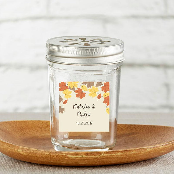 Personalized Printed Glass Mason Jar - Cheery and Chic (Set of 12) Personalized 8 oz. Glass Mason Jar - Fall Leaves (Set of 12) 