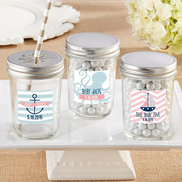 Personalized Printed Glass Mason Jar - Cheery and Chic (Set of 12) Personalized 8 oz. Glass Mason Jar - Nautical Baby Shower (Set of 12) 