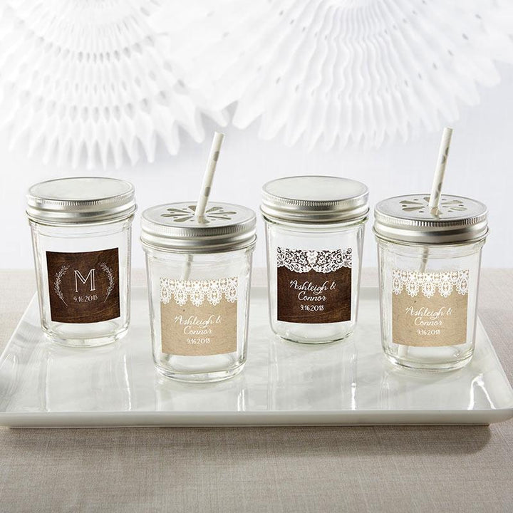 Personalized Printed Glass Mason Jar - Cheery and Chic (Set of 12) Personalized 8 oz. Glass Mason Jar - Rustic Charm Wedding (Set of 12) 