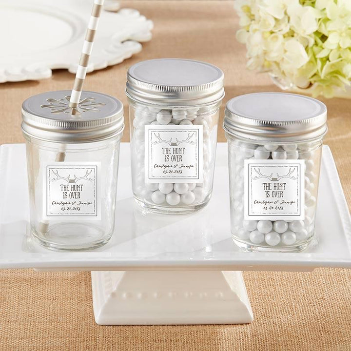 Personalized Printed Glass Mason Jar - Cheery and Chic (Set of 12) Personalized 8 oz. Glass Mason Jar - The Hunt Is Over (Set of 12) 