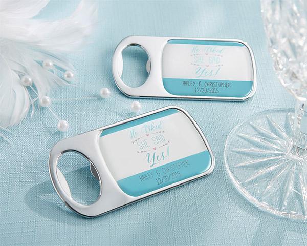 Personalized Silver Bottle Opener with Epoxy Dome - Beach Tides Personalized Silver Bottle Opener - He Asked, She Said Yes 