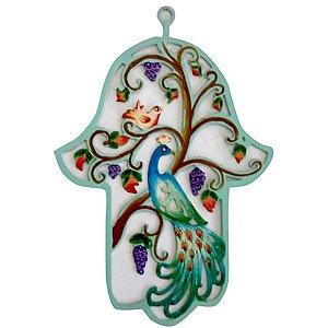 Petite Hand Decorated Hamsa by Glushka Israel - Garden Peacok 