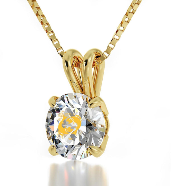 Pisces Sign, 14k Gold Necklace, Swarovski Necklace Clear Crystal 