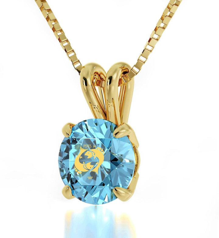 Pisces Sign, 14k Gold Necklace, Swarovski Necklace Light Blue Aqua 