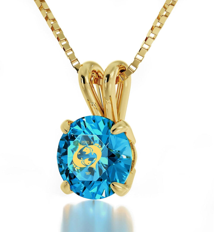 Pisces Sign, 14k Gold Necklace, Swarovski Necklace Turquoise Blue-Topaz 