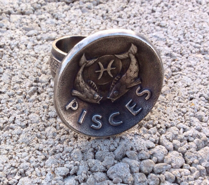 Pisces Sign Astrology Zodiac Silver Ring 