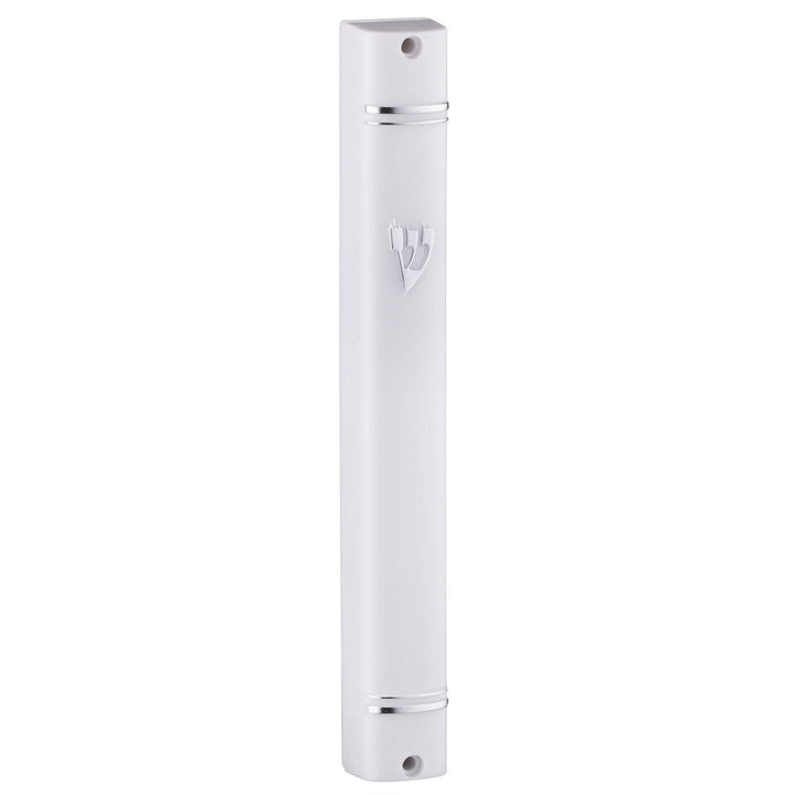 Plastic Mezuzah White With Back Opening Silver Shin 12cm 