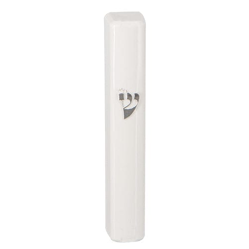 Plastic Mezuzah With Rubber Cork 12 Cm- White With Silver Shin - Without Holes Mezuzahs, Mezuzah, Jewish Door Post Scroll 