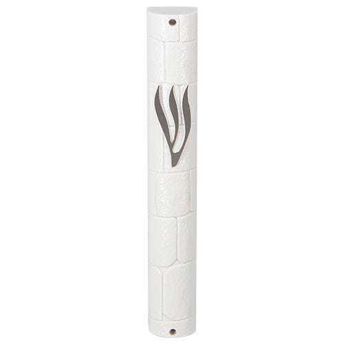 Plastic Mezuzah With Rubber Cork 15 Cm- "the Kotel" White With Silver Shin 7075 