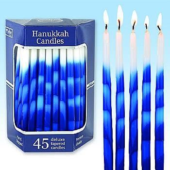 Premium Tapered Splashed Hues of Blue with White Hanukkah Candles 