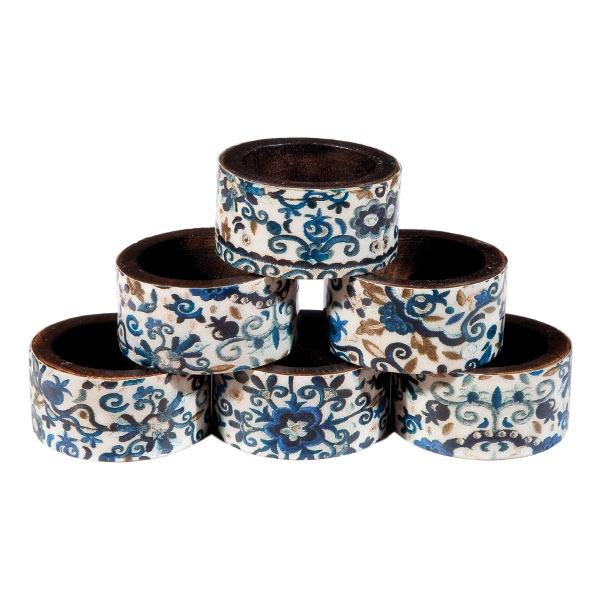 Printed 6 Wooden Napkin Rings - Blue Pomegranates 