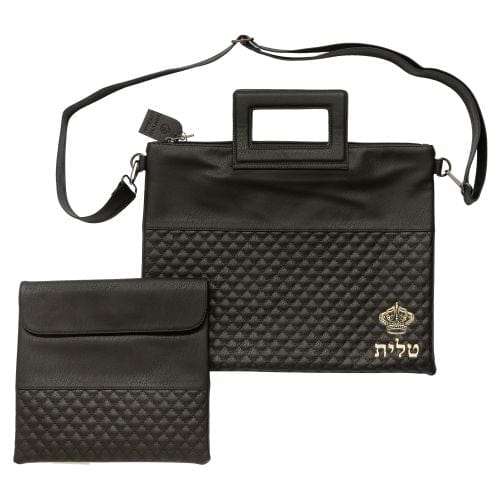 Pu Fabric Talit & Tefilin Set 38*31 Cm - Black With Embossed Logo Tallit and Tefillin Bags 