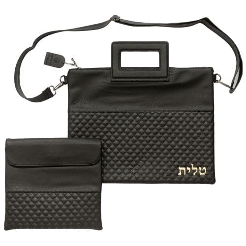Pu Fabric Talit & Tefilin Set 38*31 Cm - Black With Embossed Logo Tallit and Tefillin Bags 