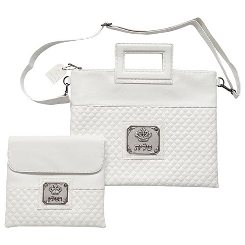 Pu Fabric Talit & Tefilin Set 38*31 Cm With Plate Handles- White Tallit and Tefillin Bags 