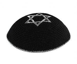 Quality Knitted Kippot - Black with Silver Star and Rim 